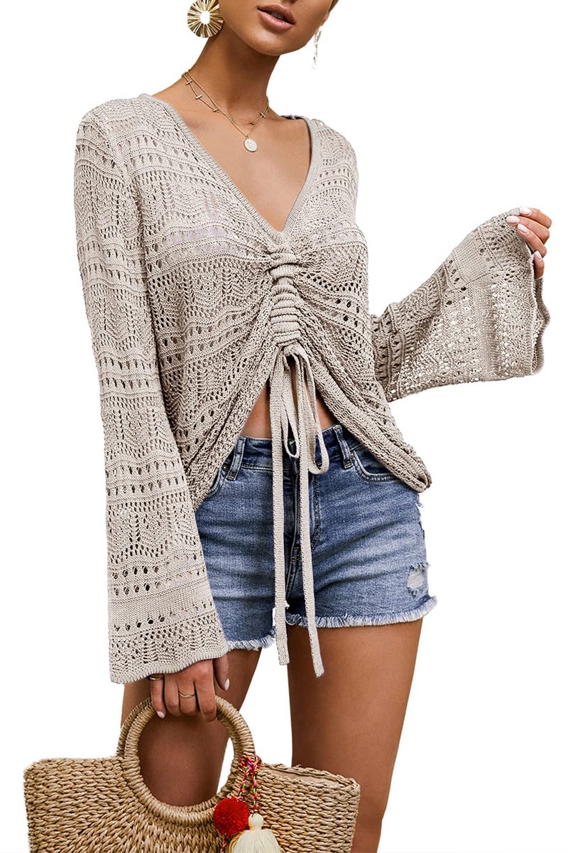 Saodimallsu Womens Boho Off Shoulder Sheer Crop Tops Bell Sleeve Flowy Oversized Crochet Ruched Pullover Sweaters Grey - Image 1